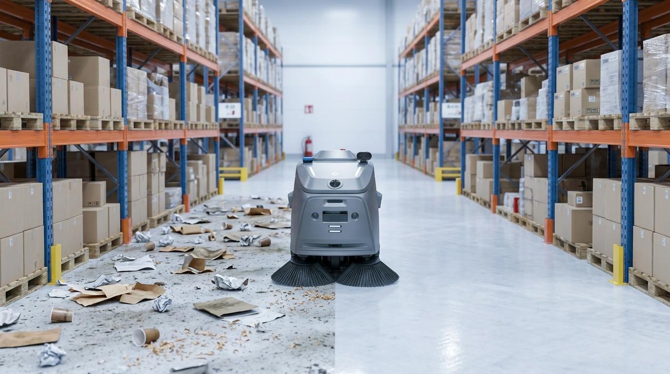 Culoar de depozit: jumătate plin de gunoaie, jumătate curățat de robotul Beetle