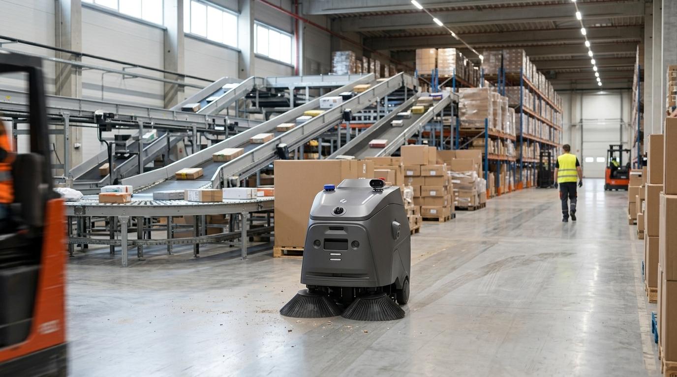 Beetle într-un centru logistic, lângă benzi transportoare