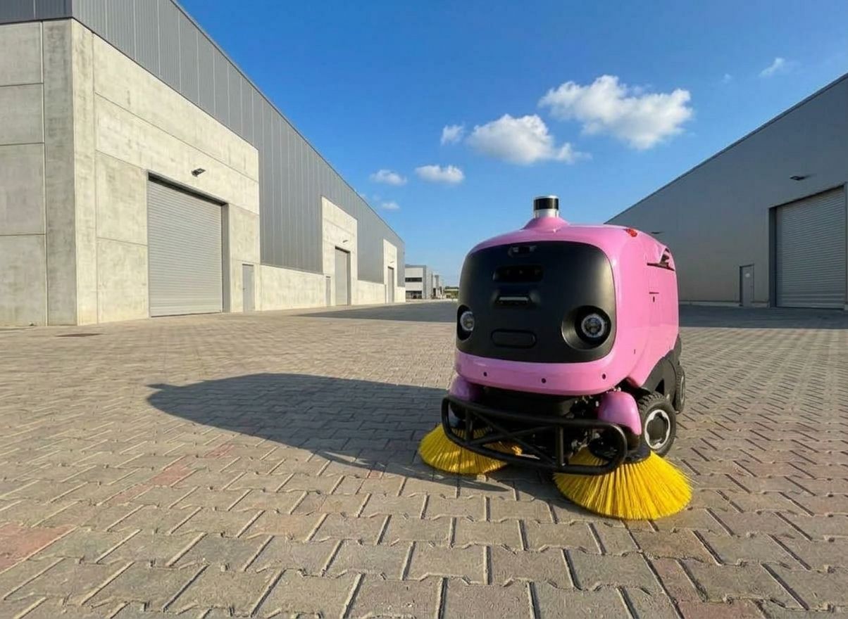 Sweeper A302 pe o platformă între hale industriale