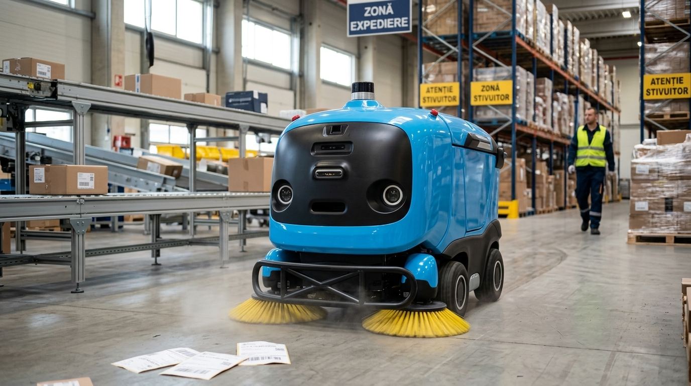 Sweeper A302-1 lucrează în zona de expediere, lângă un operator