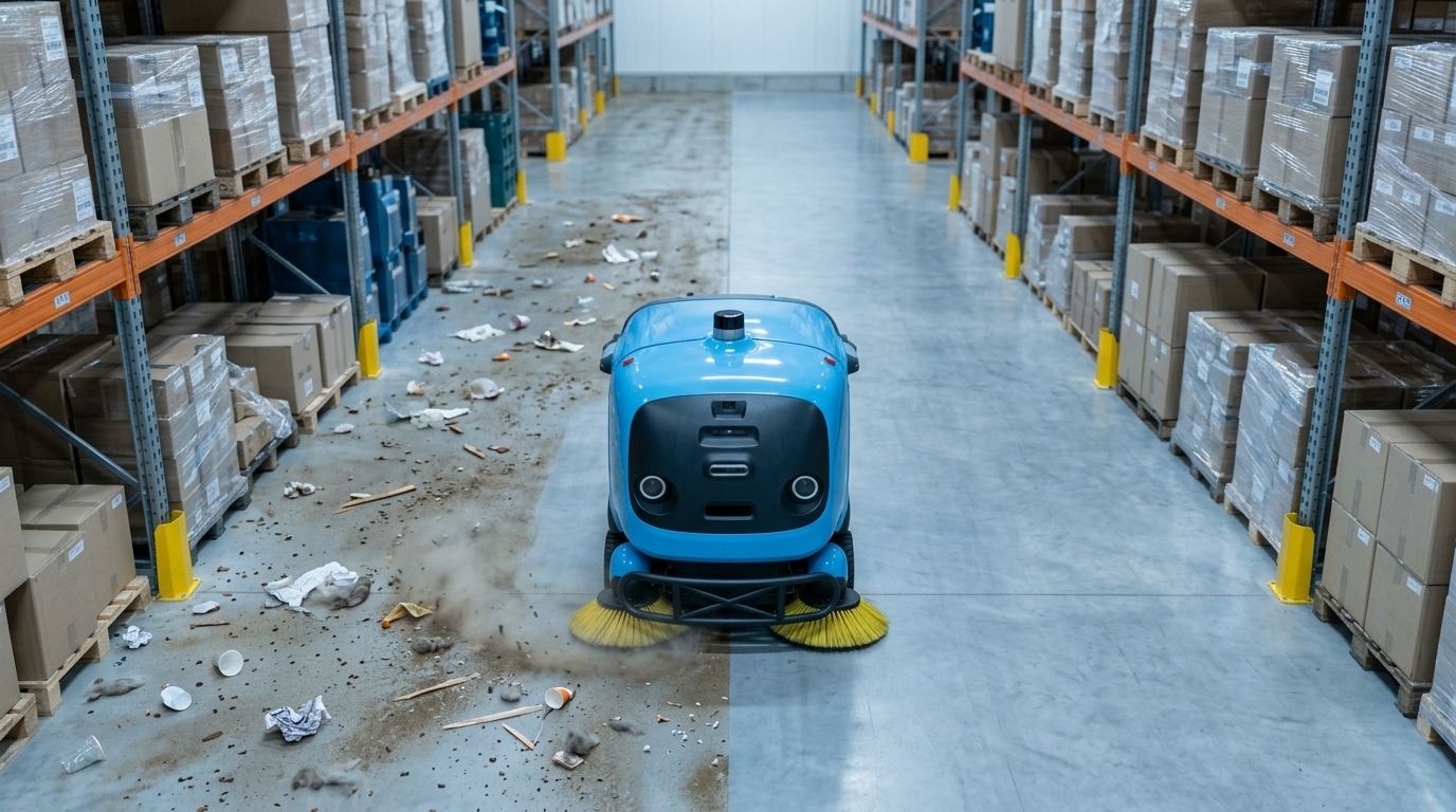 Culoar de depozit: jumătate murdar, jumătate curățat de Sweeper A302-1