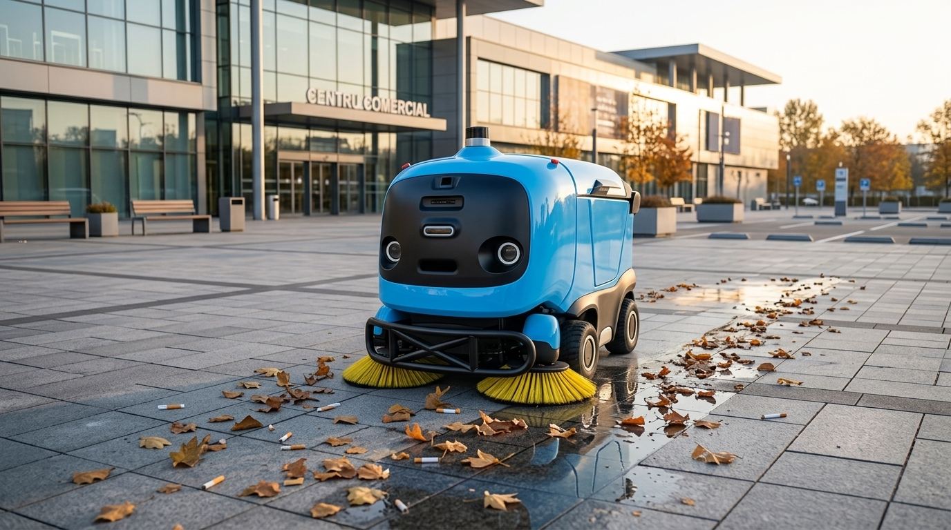Sweeper A302-1 strânge frunze în fața unui centru comercial