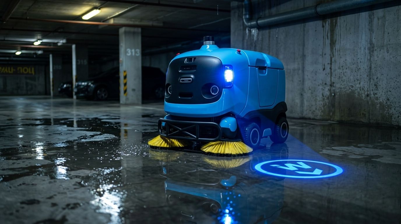 Sweeper A302-1 spală o parcare subterană udă, noaptea